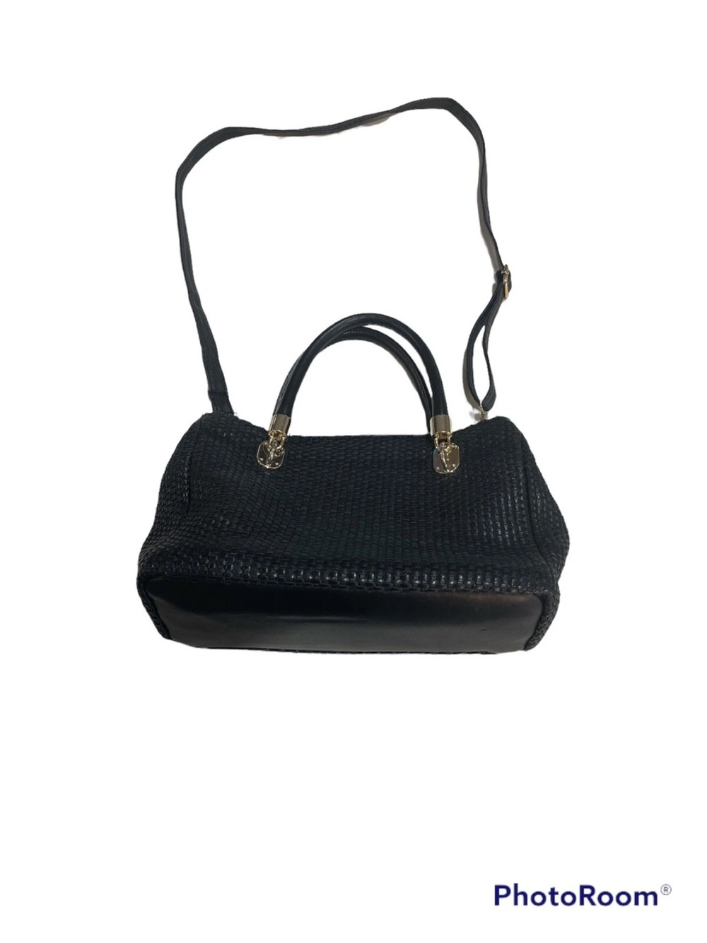 Cole Haan Black Woven Top-Handle Crossbody with Gold Hardware